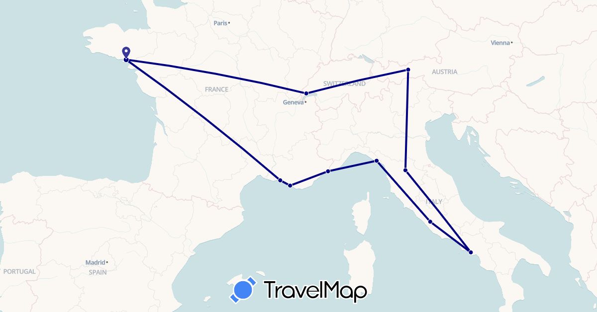 TravelMap itinerary: driving in Austria, Switzerland, France, Italy, Monaco (Europe)